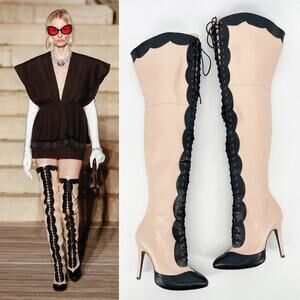 Gucci Harriet Light Rose Black Leather Lace Up Over The Knee Heeled Boots EU 38